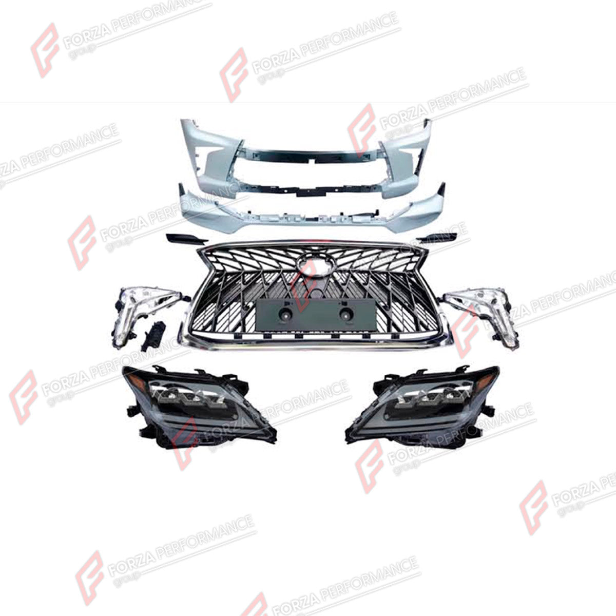 CONVERSION BODY KIT for LEXUS LX570 J200 2007 - 2015 UPGRADE to LX570 J200 FACELIFT 2015 - 2023 FORZA PERFORMANCE custom fit TRD Style
Set includes:

Front Bumper Assembly
Front Grille
Headlights
Rear Bumper
Material: Plastic

NOTE: Professional installation is required.