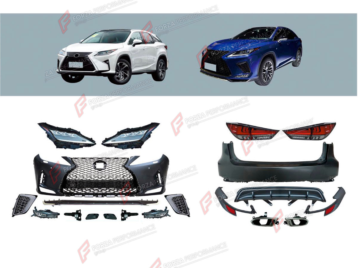 CONVERSION BODY KIT for LEXUS RX300 AL20 2015 - 2019 UPGRADE to RX300 AL20 FACELIFT 2019 - 2023 FORZA PERFORMANCE custom fit Sport Style

Set includes:
Front Bumper Assembly
Front Grille
Headlights
Tail Lights
Rear Bumper Assembly
Rear Diffuser

Material: Plastic

NOTE: Professional installation is required.