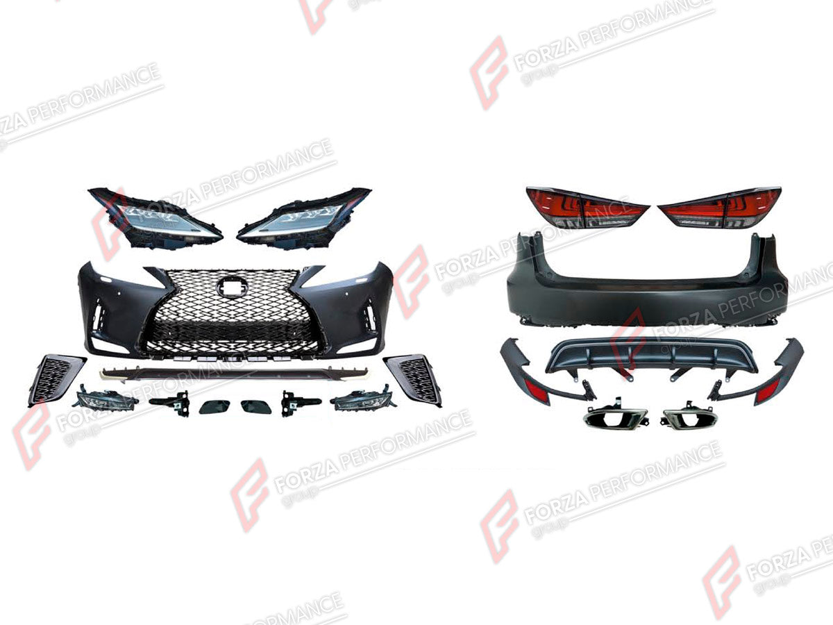 CONVERSION BODY KIT for LEXUS RX300 AL20 2015 - 2019 UPGRADE to RX300 AL20 FACELIFT 2019 - 2023 FORZA PERFORMANCE custom fit Sport Style

Set includes:
Front Bumper Assembly
Front Grille
Headlights
Tail Lights
Rear Bumper Assembly
Rear Diffuser

Material: Plastic

NOTE: Professional installation is required.