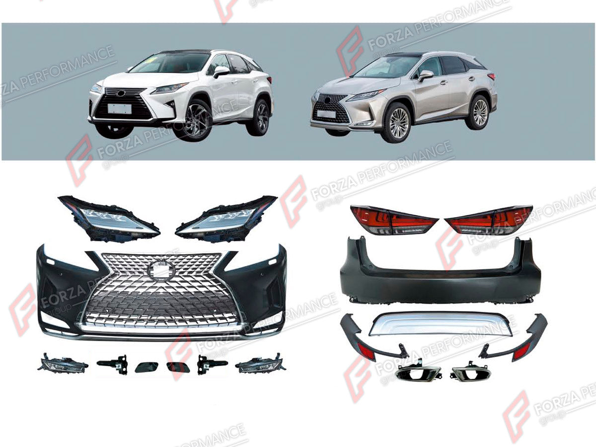 CONVERSION BODY KIT for LEXUS RX300 AL20 2015 - 2019 UPGRADE to RX300 AL20 FACELIFT 2019 - 2023 FORZA PERFORMANCE custom fit OEM Style

Set includes:
Front Bumper Assembly
Front Grille
Headlights
Tail Lights
Rear Bumper Assembly

Material: Plastic

NOTE: Professional installation is required.