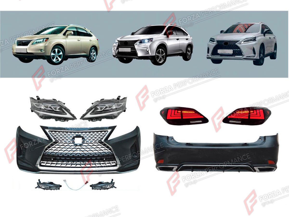 CONVERSION BODY KIT for LEXUS RX350 AL10 2009 - 2015 UPGRADE to RX350 AL20 2015 - 2023 FORZA PERFORMANCE custom fit OEM Style

Set includes:
Front Bumper Assembly
Front Grille
Headlights
Tail Lights
Rear Bumper Assembly

Material: Plastic

NOTE: Professional installation is required.
Why “Contact Us for Pricing”?

We don’t display fixed prices because our goal is to offer you the most competitive deal possible. Product costs often decrease over time, and by requesting a quote, you’ll receive our most up-to-