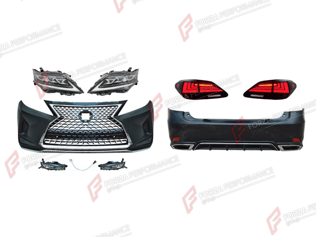 CONVERSION BODY KIT for LEXUS RX350 AL10 2009 - 2015 UPGRADE to RX350 AL20 2015 - 2023 FORZA PERFORMANCE custom fit OEM Style

Set includes:
Front Bumper Assembly
Front Grille
Headlights
Tail Lights
Rear Bumper Assembly

Material: Plastic

NOTE: Professional installation is required.
Why “Contact Us for Pricing”?

We don’t display fixed prices because our goal is to offer you the most competitive deal possible. Product costs often decrease over time, and by requesting a quote, you’ll receive our most up-to-