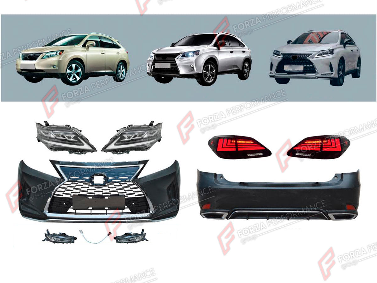 CONVERSION BODY KIT for LEXUS RX350 AL10 2009 - 2015 UPGRADE to RX350 AL20 2015 - 2023 FORZA PERFORMANCE custom fit OEM Style

Set includes:
Front Bumper Assembly
Front Grille
Headlights
Tail Lights
Rear Bumper Assembly
Rear Diffuser

Material: Plastic

NOTE: Professional installation is required.