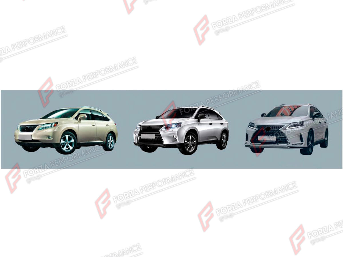 CONVERSION BODY KIT for LEXUS RX350 AL10 2009 - 2015 UPGRADE to RX350 AL20 2015 - 2023 FORZA PERFORMANCE custom fit OEM Style

Set includes:
Front Bumper Assembly
Front Grille
Headlights
Tail Lights
Rear Bumper Assembly
Rear Diffuser

Material: Plastic

NOTE: Professional installation is required.