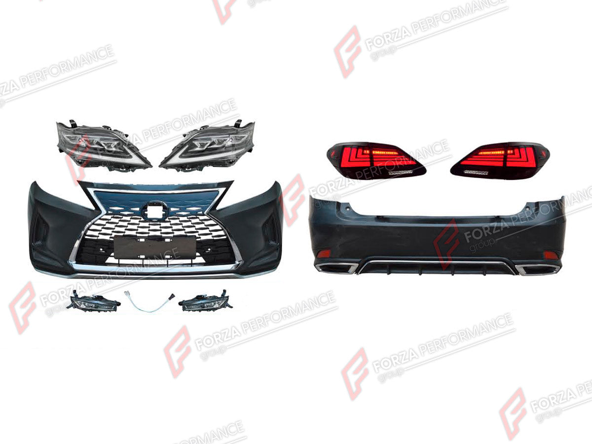 CONVERSION BODY KIT for LEXUS RX350 AL10 2009 - 2015 UPGRADE to RX350 AL20 2015 - 2023 FORZA PERFORMANCE custom fit OEM Style

Set includes:
Front Bumper Assembly
Front Grille
Headlights
Tail Lights
Rear Bumper Assembly
Rear Diffuser

Material: Plastic

NOTE: Professional installation is required.