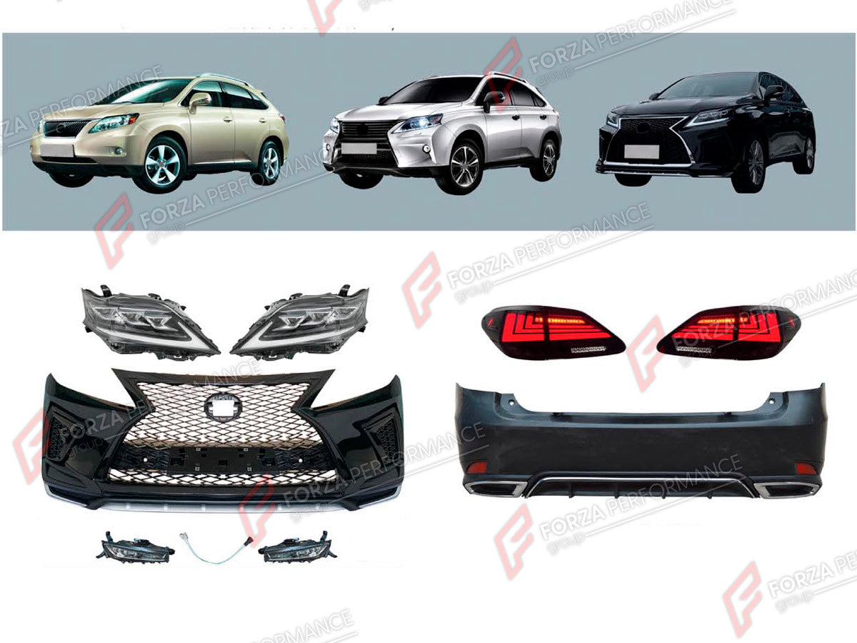 CONVERSION BODY KIT for LEXUS RX270 RX350 RX450 AL10 2009 - 2015 UPGRADE to RX270 AL20 2015 - 2023 FORZA PERFORMANCE custom fit Sport Style

Set includes:
Front Bumper Assembly
Front Grille
Headlights
Tail Lights
Rear Bumper Assembly
Rear Diffuser

Material: Plastic

NOTE: Professional installation is required.
