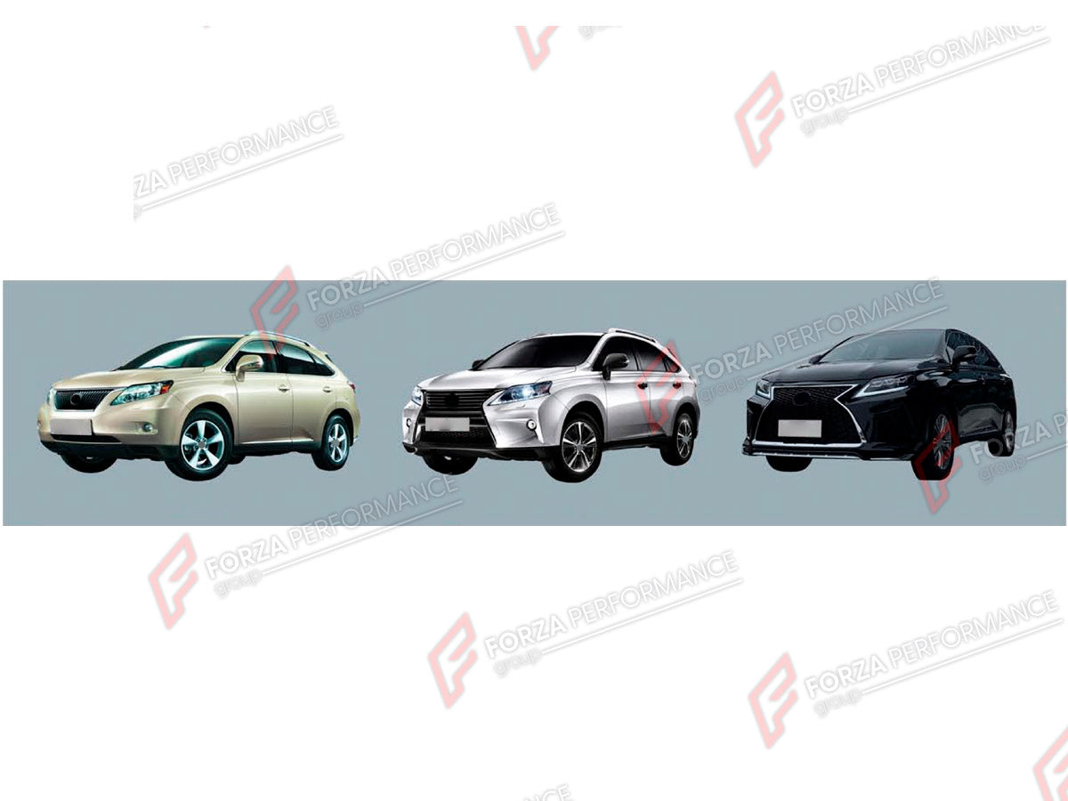 CONVERSION BODY KIT for LEXUS RX270 RX350 RX450 AL10 2009 - 2015 UPGRADE to RX270 AL20 2015 - 2023 FORZA PERFORMANCE custom fit Sport Style

Set includes:
Front Bumper Assembly
Front Grille
Headlights
Tail Lights
Rear Bumper Assembly
Rear Diffuser

Material: Plastic

NOTE: Professional installation is required.