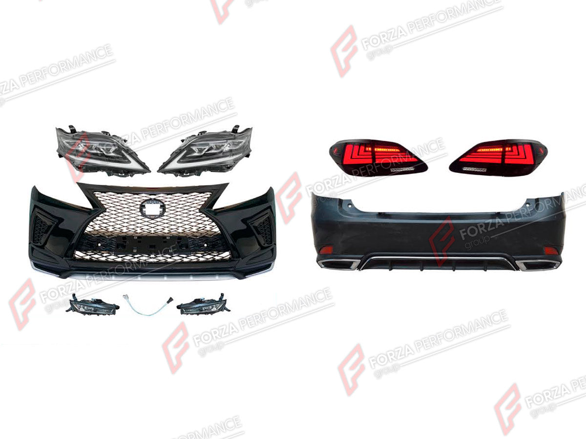 CONVERSION BODY KIT for LEXUS RX350 AL10 2009 - 2015 UPGRADE to RX350 AL20 2015 - 2023 FORZA PERFORMANCE custom fit Sport Style

Set includes:
Front Bumper Assembly
Front Grille
Headlights
Tail Lights
Rear Bumper Assembly
Rear Diffuser

Material: Plastic

NOTE: Professional installation is required.