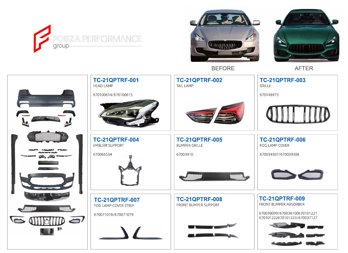 CONVERSION BODY KIT FOR MASERATI QUATTROPORTE 2013-2017 UPGRADE TO 2018-2022 TROFEO PERFOMANCE+



Set includes:

Front Bumper Assembly
Grille
Headlight
Side Skirts
Rear Bumper
Tail Lights
Exhaust Tips

Material: PP Plastic
