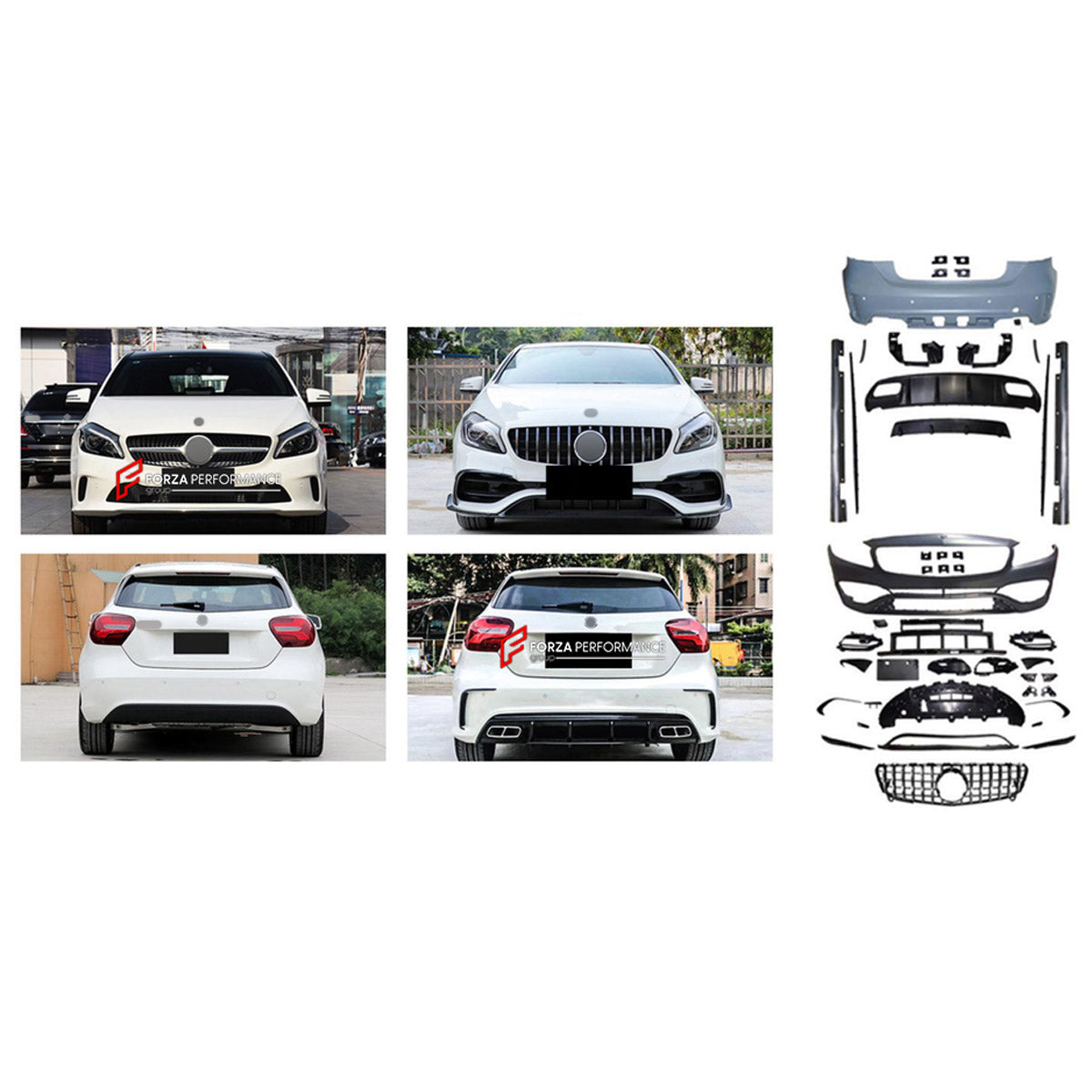 CONVERSION BODY KIT for MERCEDES-BENZ A-CLASS W176 2013 - 2017 UPGRADE to A-CLASS AMG W176 A45 2015 - 2018 FORZA PERFORMANCE custom fit A45 AMG Style
Set includes:

Front Lip
Front Bumper Assembly
Front Grille
Side Skirts
Roof Spoiler
Rear Bumper Assembly
Rear Diffuser

Material: Plastic