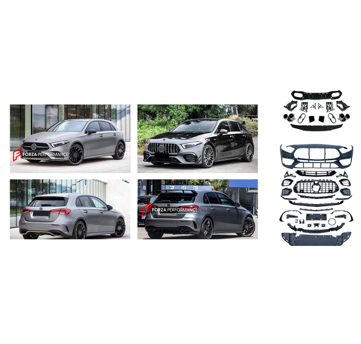 CONVERSION BODY KIT for MERCEDES-BENZ A-CLASS W177 HATCHBACK SPORT 2018 - 2022 UPGRADE to A-CLASS AMG W177 A45S 2019 - 2022 FORZA PERFORMANCE custom fit A45S AMG Sport Style

Set includes:
Front Lip
Front Bumper Assembly
Front Grille
Roof Spoiler
Rear Diffuser
Exhaust Tips

Material: Plastic

NOTE: Professional installation is required.