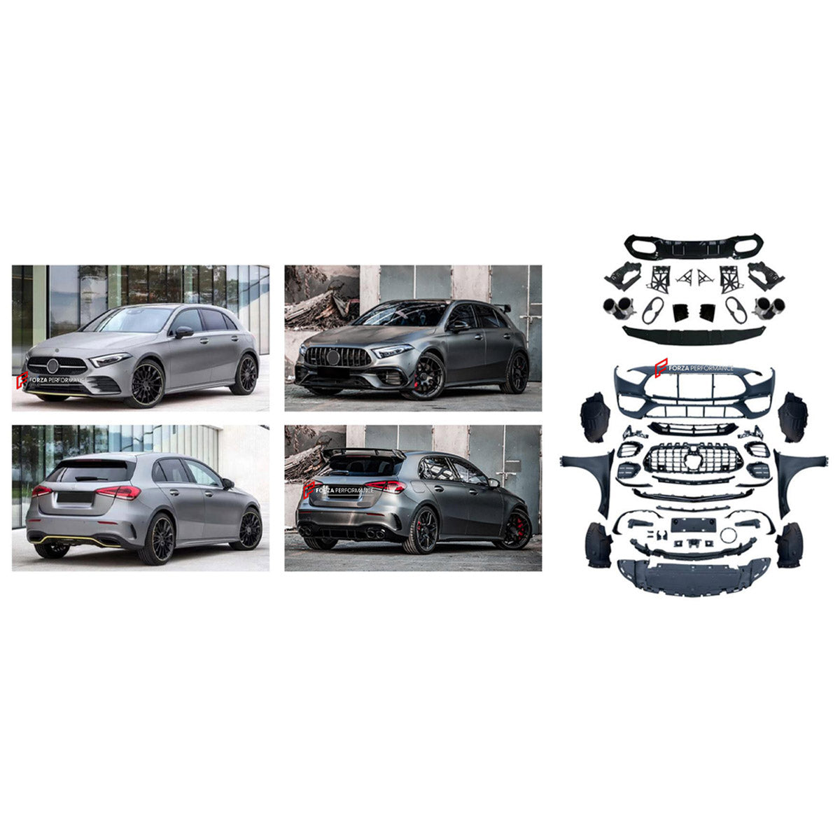 CONVERSION BODY KIT for MERCEDES-BENZ A-CLASS W177 HATCHBACK 2018 - 2022 UPGRADE to A-CLASS AMG W177 A45S 2019 - 2022 FORZA PERFORMANCE custom fit Wide A45S AMG Sport Style

Set includes:
Front Lip
Front Bumper Assembly
Front Grille
Front Fenders
Rear Diffuser
Exhaust Tips

Material: Plastic

NOTE: Professional installation is required.