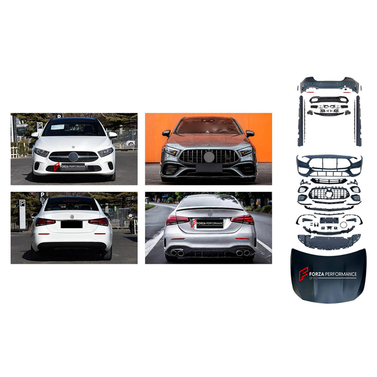 CONVERSION BODY KIT for MERCEDES-BENZ A-CLASS W177 SEDAN 2018 - 2022 UPGRADE to A-CLASS AMG W177 A45S 2019 - 2022 FORZA PERFORMANCE custom fit A45S AMG Style

Set includes:
Front Lip
Front Bumper Assembly
Front Grille
Hood Bonnet
Side Skirts
Rear Bumper Assembly
Rear Diffuser
Exhaust Tips

Material: Plastic

NOTE: Professional installation is required.