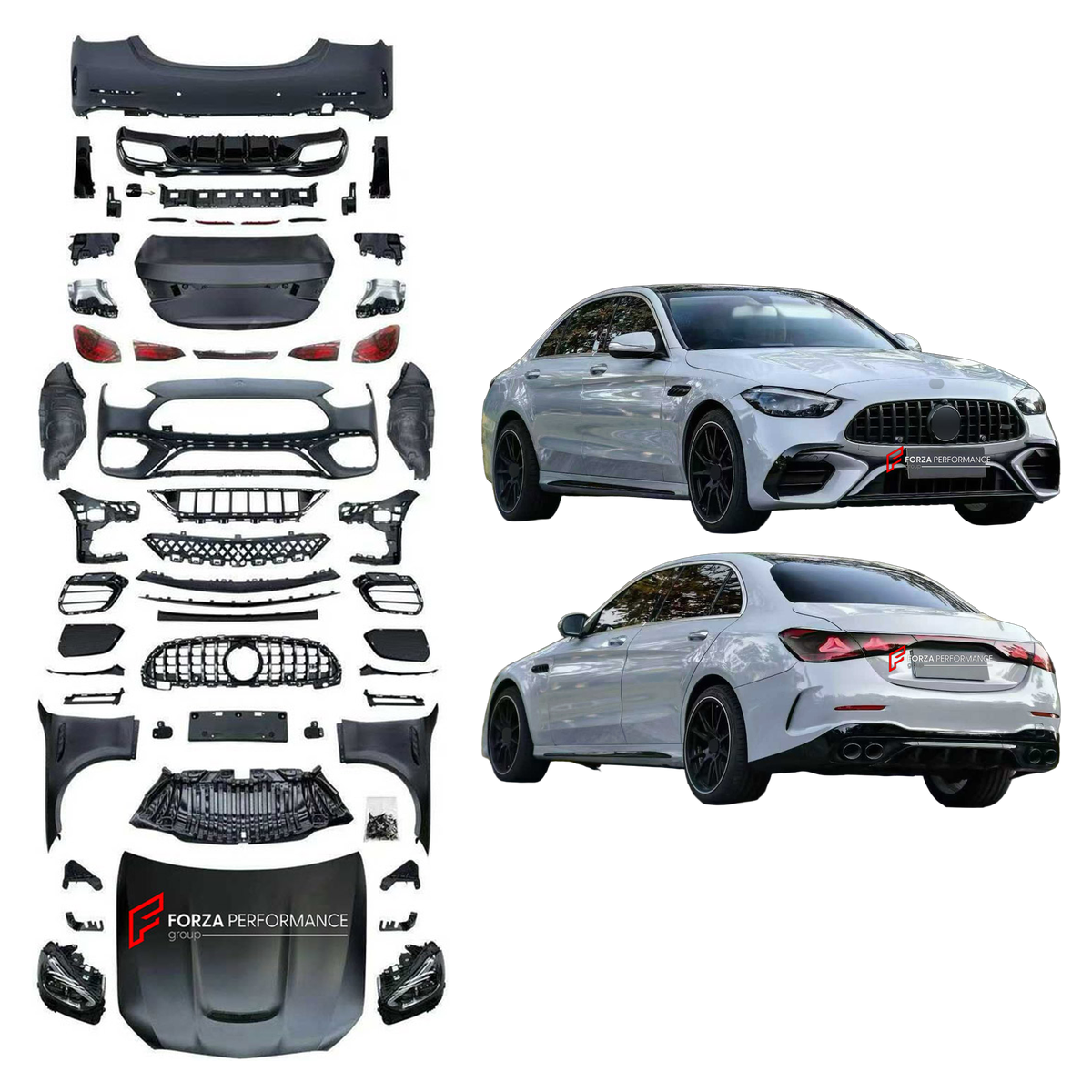 CONVERSION BODY KIT for MERCEDES-BENZ C-CLASS W205 2014 - 2022 UPGRADE to C63 AMG W206 2022+ FORZA PERFORMANCE custom fit C63 AMG Style

Set includes:
Front Lip
Front Bumper Assembly
Front Grille
Headlights
Hood Bonnet
Front Fenders
Trunk Lid
Tail Lights
Rear Bumper Assembly
Rear Diffuser
Exhaust Tips

Material: Plastic

NOTE: Professional installation is required.