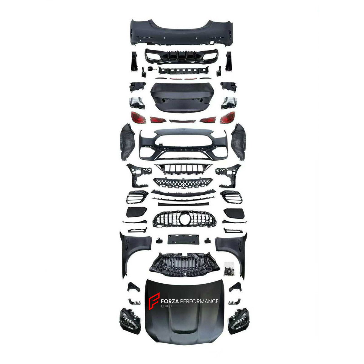 CONVERSION BODY KIT for MERCEDES-BENZ C-CLASS W205 2014 - 2022 UPGRADE to C63 AMG W206 2022+ FORZA PERFORMANCE custom fit C63 AMG Style

Set includes:
Front Lip
Front Bumper Assembly
Front Grille
Headlights
Hood Bonnet
Front Fenders
Trunk Lid
Tail Lights
Rear Bumper Assembly
Rear Diffuser
Exhaust Tips

Material: Plastic

NOTE: Professional installation is required.