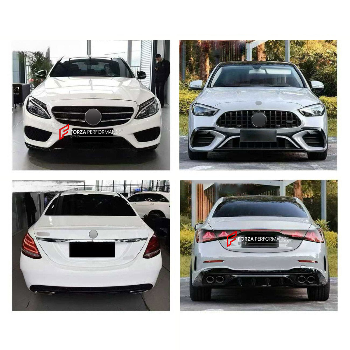 CONVERSION BODY KIT for MERCEDES-BENZ C-CLASS W205 2014 - 2022 UPGRADE to C63 AMG W206 2022+ FORZA PERFORMANCE custom fit C63 AMG Style

Set includes:
Front Lip
Front Bumper Assembly
Front Grille
Headlights
Hood Bonnet
Front Fenders
Trunk Lid
Tail Lights
Rear Bumper Assembly
Rear Diffuser
Exhaust Tips

Material: Plastic

NOTE: Professional installation is required.