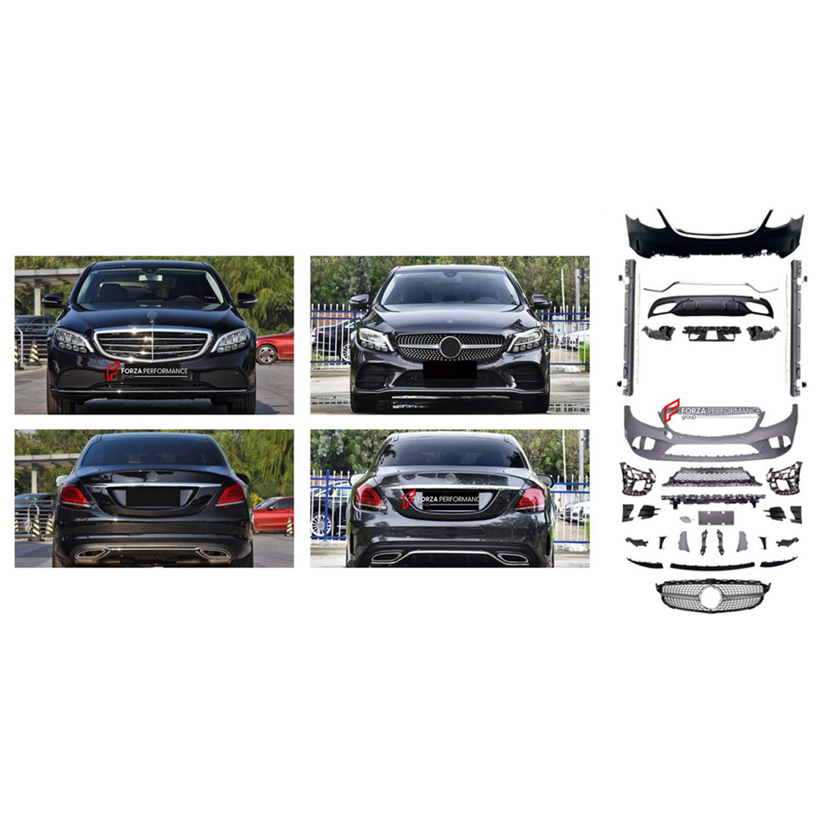 CONVERSION BODY KIT for MERCEDES-BENZ C-CLASS W205 2014 - 2022 UPGRADE to C-CLASS AMG W205 2015 - 2023 FORZA PERFORMANCE custom fit Sport AMG Style

Set includes:
Front Lip
Front Bumper Assembly
Front Grille
Side Skirts
Rear Bumper Assembly
Rear Diffuser

Material: Plastic

NOTE: Professional installation is required.