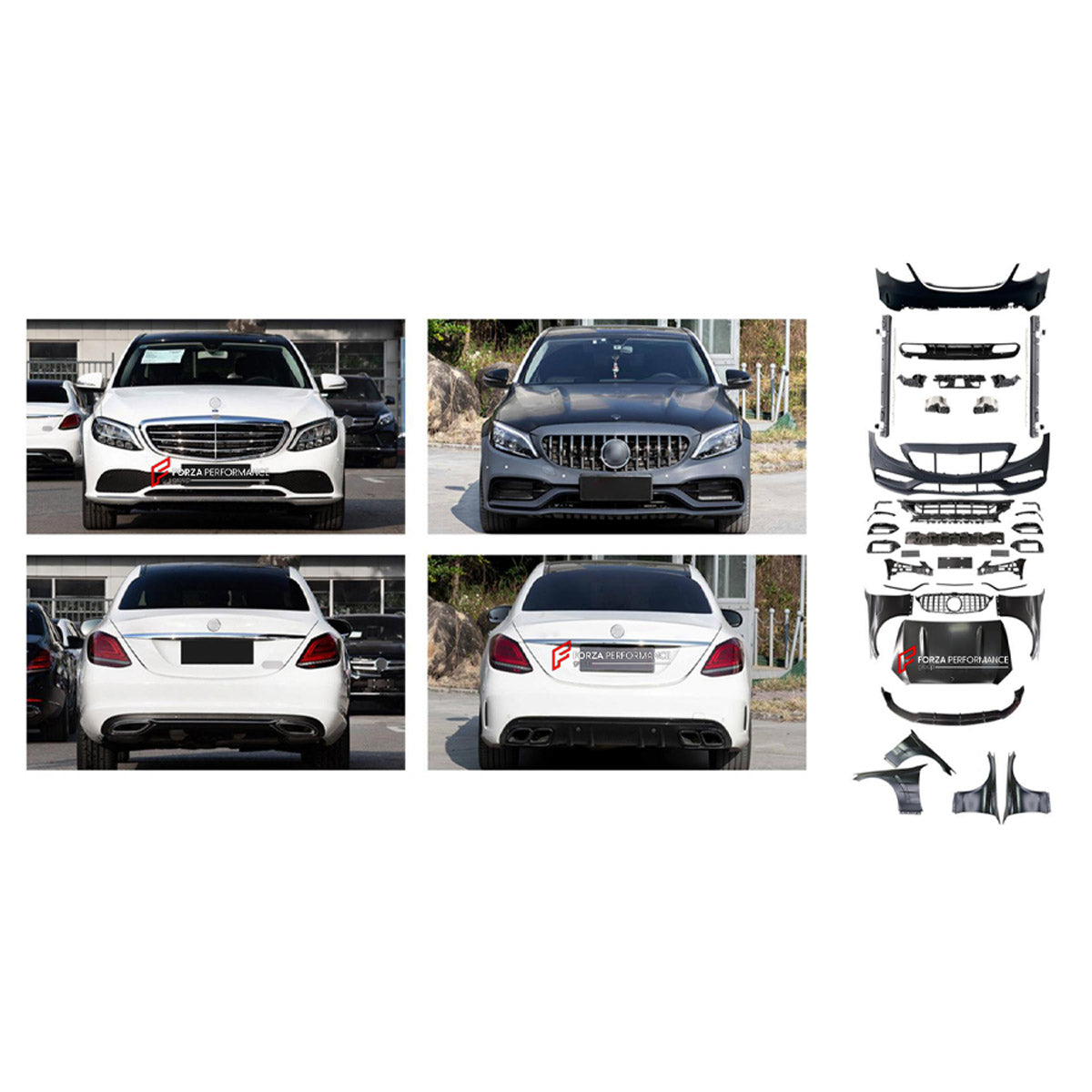 CONVERSION BODY KIT for MERCEDES-BENZ C-CLASS W205 2014 - 2022 UPGRADE to C-CLASS AMG W205 C63S 2015 - 2023 FORZA PERFORMANCE custom fit C63S AMG OEM Style

Set includes:
Front Lip
Front Bumper Assembly
Front Grille
Hood Bonnet
Front Fenders
Side Skirts
Rear Bumper Assembly
Rear Diffuser
Exhaust Tips

Material: Plastic

NOTE: Professional installation is required.