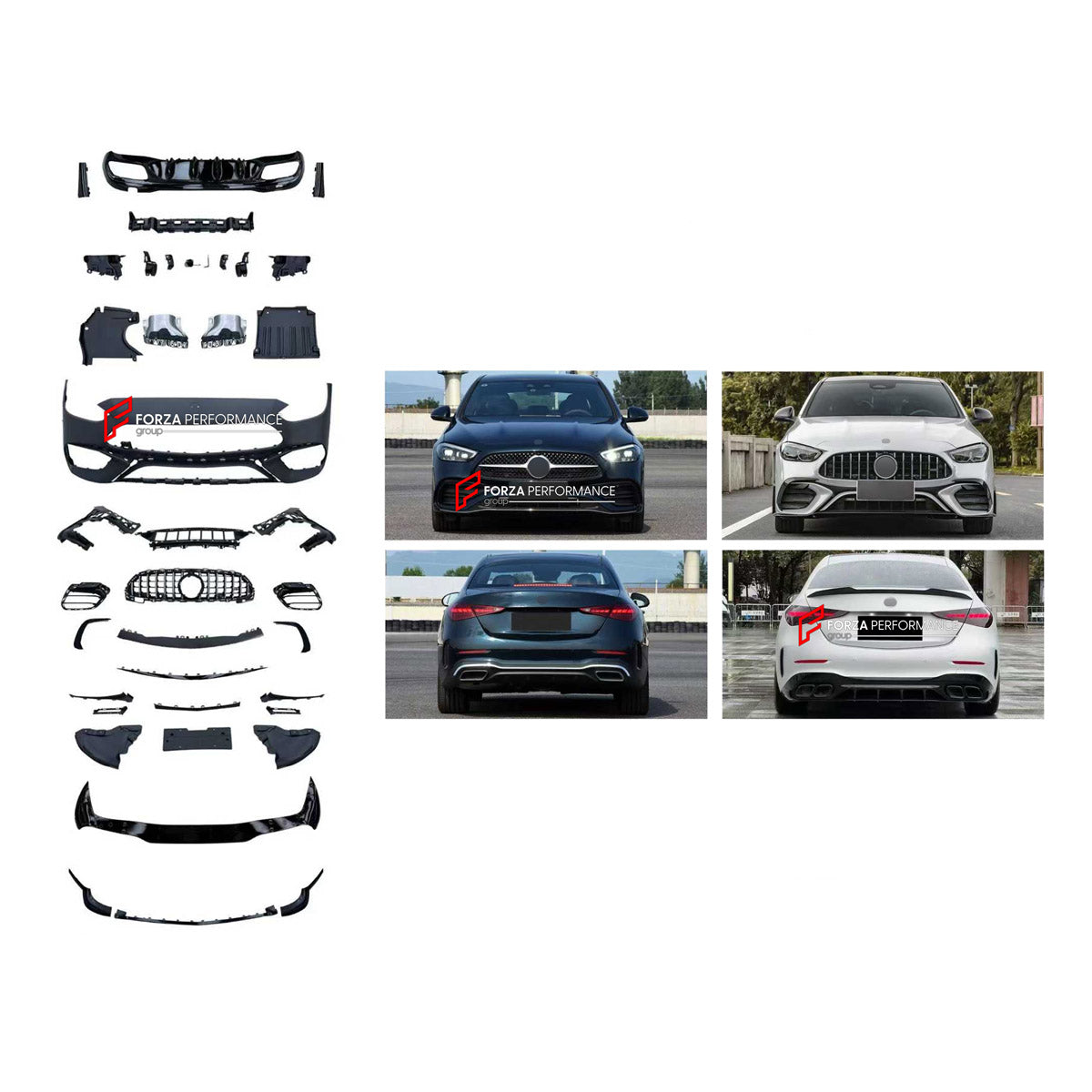 CONVERSION BODY KIT for MERCEDES-BENZ C-CLASS W206 2021+ UPGRADE to C63S AMG W206 2022+ FORZA PERFORMANCE custom fit C63S AMG Style

Set includes:
Front Lip
Front Bumper Assembly
Front Grille
Ducktail Spoiler
Rear Bumper Fins
Rear Diffuser
Exhaust Tips

Material: Plastic

NOTE: Professional installation is required.