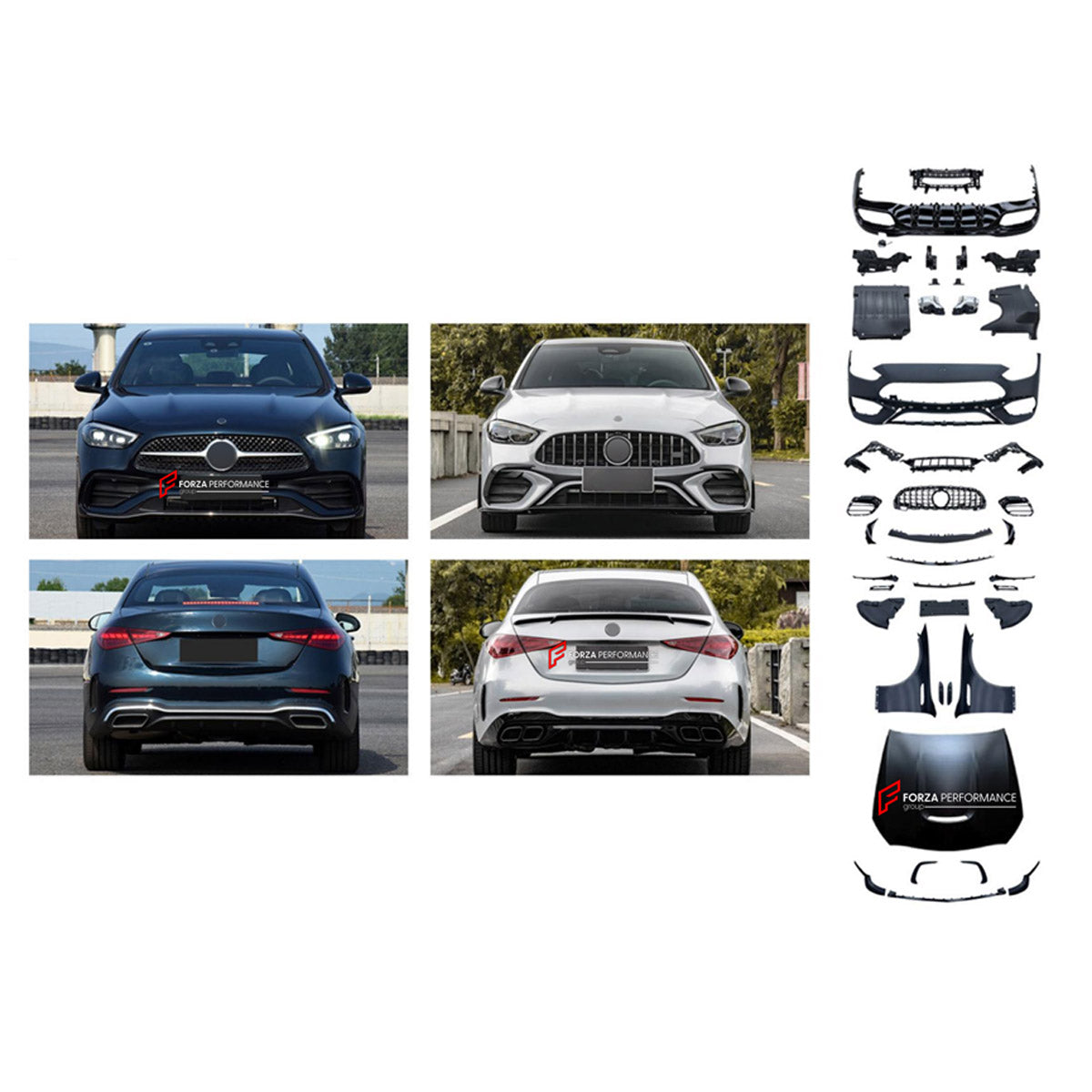 CONVERSION BODY KIT for MERCEDES-BENZ C-CLASS W206 SPORT 2021+ UPGRADE to C-CLASS AMG W206 C63S 2024+ FORZA PERFORMANCE custom fit C63S AMG Sport Style

Set includes:
Front Lip
Front Bumper Assembly
Front Grille
Hood Bonnet
Front Fenders
Rear Bumper Assembly
Rear Diffuser
Exhaust Tips

Material: Plastic

NOTE: Professional installation is required.