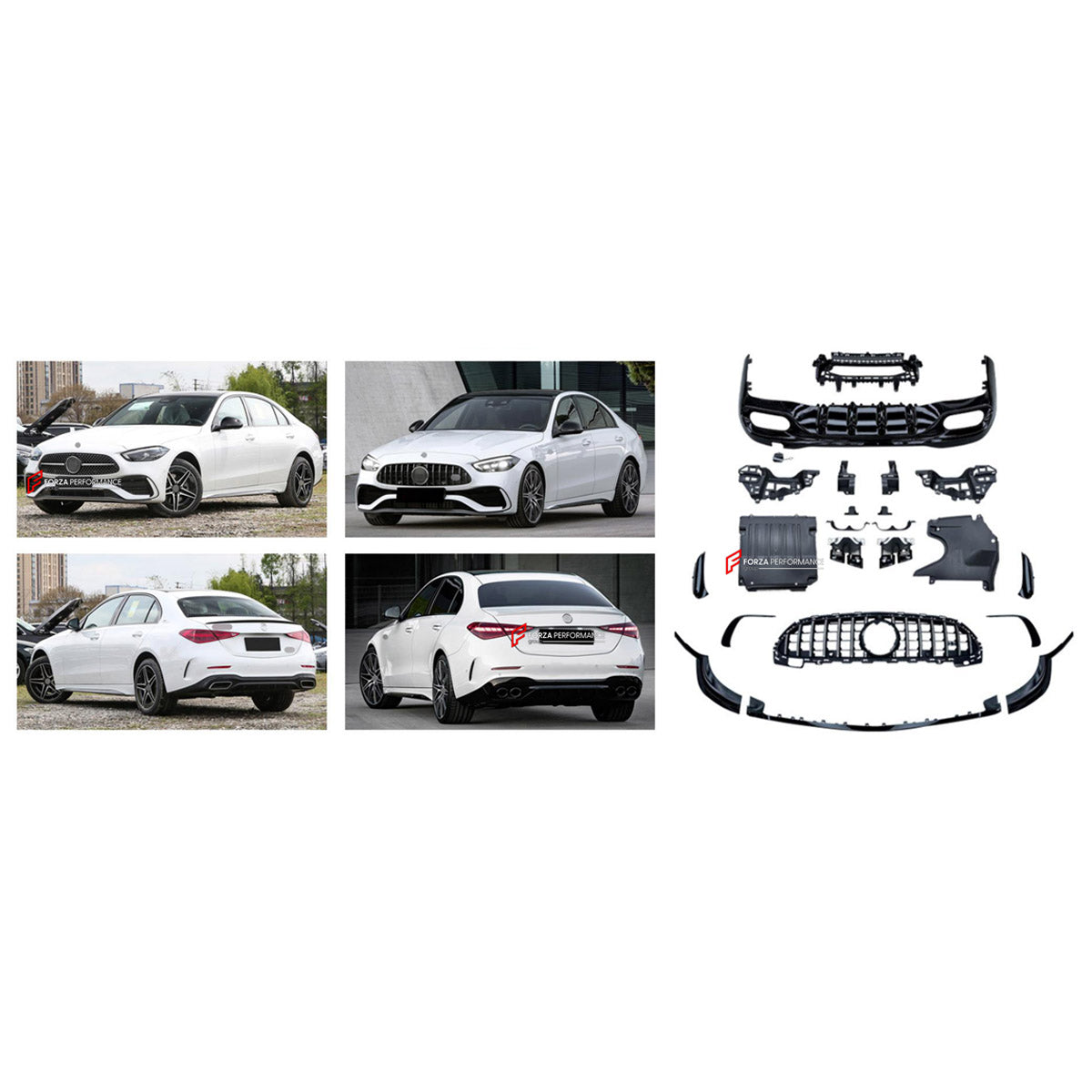 CONVERSION BODY KIT for MERCEDES-BENZ C-CLASS W206 SPORT 2021+ UPGRADE to C-CLASS AMG W206 C43 2022+ FORZA PERFORMANCE custom fit C43 AMG Sport Style

Set includes:
Front Lip
Front Bumper Air Vent Covers
Front Grille
Rear Diffuser
Exhaust Tips

Material: Plastic

NOTE: Professional installation is required.