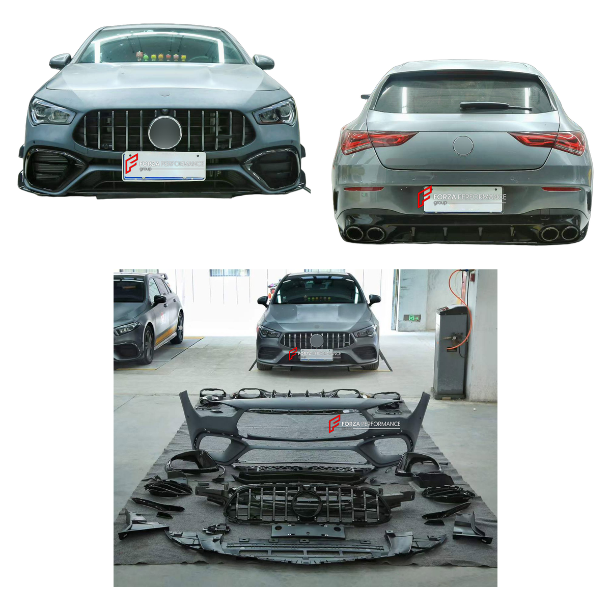 CONVERSION BODY KIT for MERCEDES-BENZ CLA-CLASS X118 2019 - 2023 UPGRADE to CLA45 S AMG X118 2019 - 2023 FORZA PERFORMANCE custom fit AN Style

Set includes:
Front Lip
Front Bumper Assembly
Front Grille
Rear Diffuser
Exhaust Tips

Material: Plastic

NOTE: Professional installation is required.
