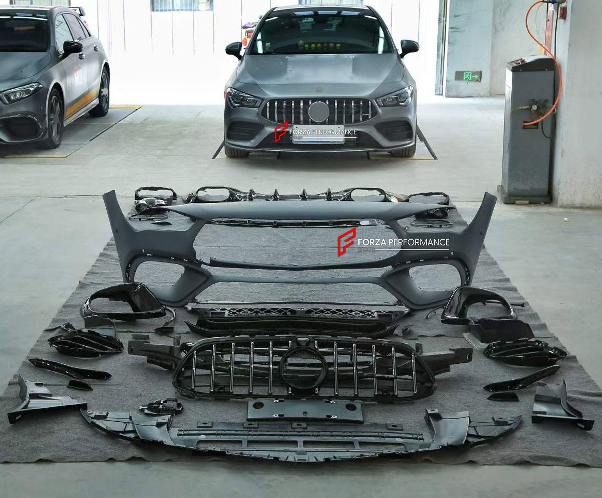 CONVERSION BODY KIT for MERCEDES-BENZ CLA-CLASS X118 2019 - 2023 UPGRADE to CLA45 S AMG X118 2019 - 2023 FORZA PERFORMANCE custom fit AN Style

Set includes:
Front Lip
Front Bumper Assembly
Front Grille
Rear Diffuser
Exhaust Tips

Material: Plastic

NOTE: Professional installation is required.