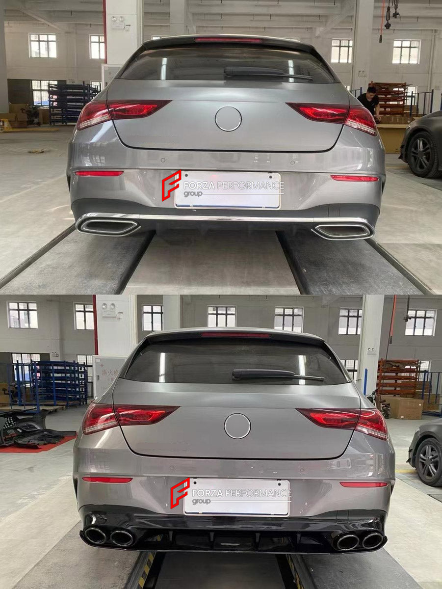 CONVERSION BODY KIT for MERCEDES-BENZ CLA-CLASS X118 2019 - 2023 UPGRADE to CLA45 S AMG X118 2019 - 2023 FORZA PERFORMANCE custom fit AN Style

Set includes:
Front Lip
Front Bumper Assembly
Front Grille
Rear Diffuser
Exhaust Tips

Material: Plastic

NOTE: Professional installation is required.