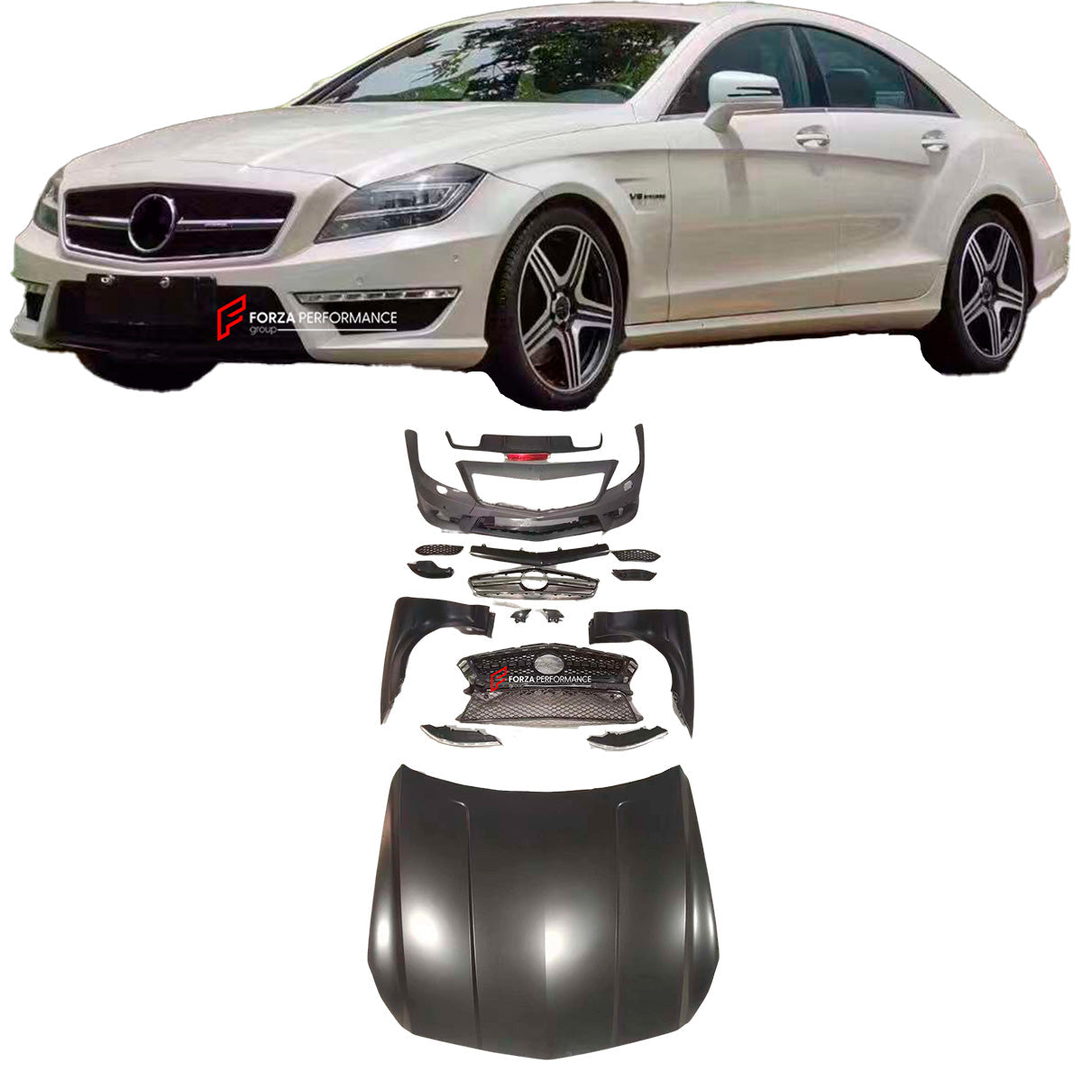 CONVERSION BODY KIT for MERCEDES-BENZ CLS-CLASS W218 2010-2015 UPGRADE TO CLS 63 AMG FACELIFT

Set includes:

Front Bumper
Hood/Bonnet
Front Fenders
Rear Diffuser
Exhaust Tips

Material: PP Plastic

NOTE: Professional installation is required