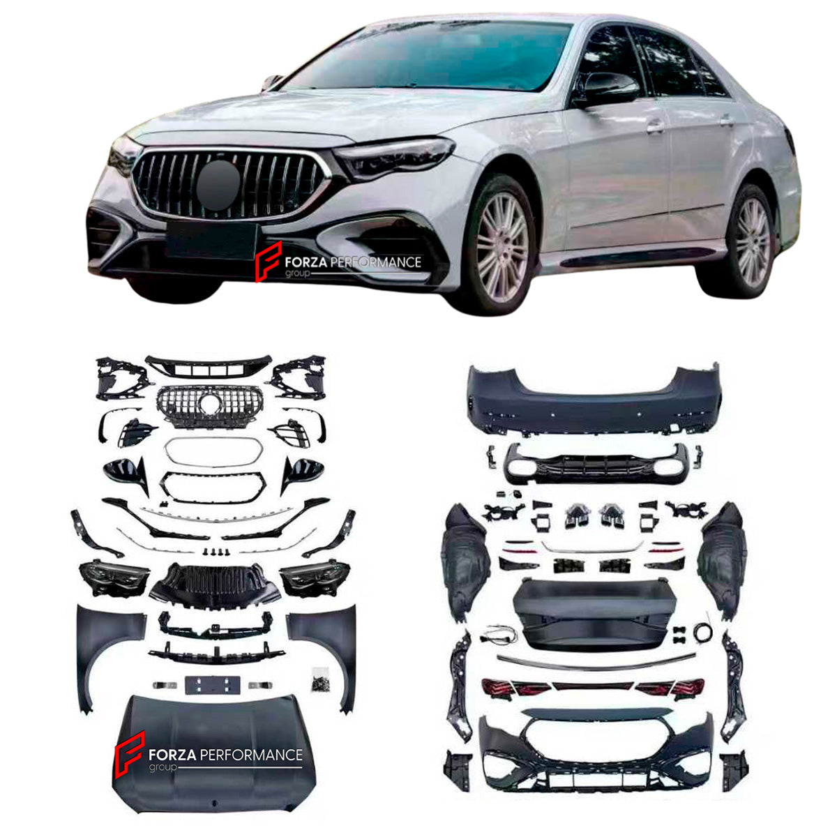 CONVERSION BODY KIT for MERCEDES BENZ E CLASS W212 2010 - 2016 UPGRADE to E53 W214 2024+

Set includes:

Front Bumper Assembly
Front Grille
Headlights
Hood / Bonnet
Front Fenders
Side Mirrors
Side Skirts
Rear Bumper
Tail Lights
Trunk
Rear Diffuser
Exhaust Tips

Material: Plastic, Aluminium

NOTE: Professional installation is required.
