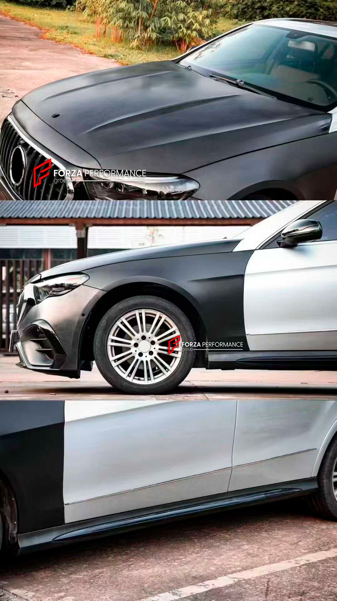 CONVERSION BODY KIT for MERCEDES-BENZ E-CLASS W212 2009 - 2016 upgrade to E53 W214 2023+

Set includes:

Front Bumper Assembly
Front Grille
Headlights
Hood / Bonnet
Front Fenders
Side Mirrors
Side Skirts
Rear Bumper
Tail Lights
Trunk
Rear Diffuser
Exhaust Tips

Material: Plastic, Aluminium

NOTE: Professional installation is required.
