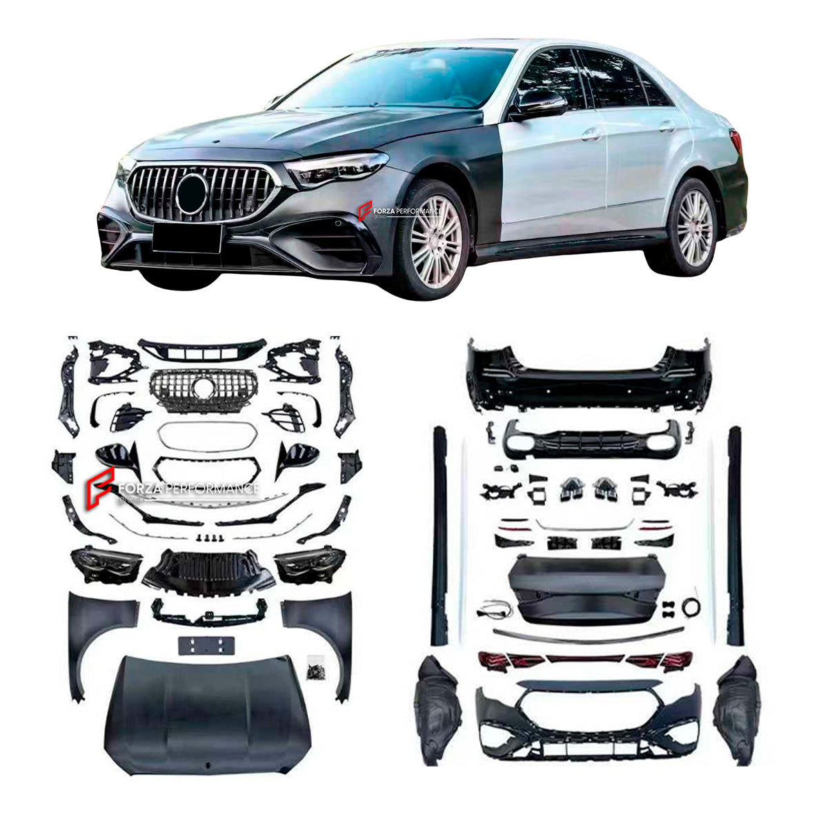 CONVERSION BODY KIT for MERCEDES-BENZ E-CLASS W212 2009 - 2016 upgrade to E53 W214 2023+

Set includes:

Front Bumper Assembly
Front Grille
Headlights
Hood / Bonnet
Front Fenders
Side Mirrors
Side Skirts
Rear Bumper
Tail Lights
Trunk
Rear Diffuser
Exhaust Tips

Material: Plastic, Aluminium

NOTE: Professional installation is required.
