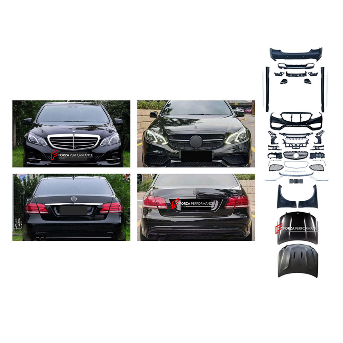 CONVERSION BODY KIT for MERCEDES-BENZ E-CLASS W212 FACELIFT 2013 - 2016 UPGRADE to E-CLASS AMG W212 FACELIFT E63 2013 - 2016 FORZA PERFORMANCE custom fit E63 AMG Style

Set includes:
Front Lip
Front Bumper Assembly
Front Grille
Hood Bonnet
Front Fenders
Side Skirts
Rear Bumper Assembly
Rear Diffuser
Exhaust Tips

Material: Plastic

NOTE: Professional installation is required.