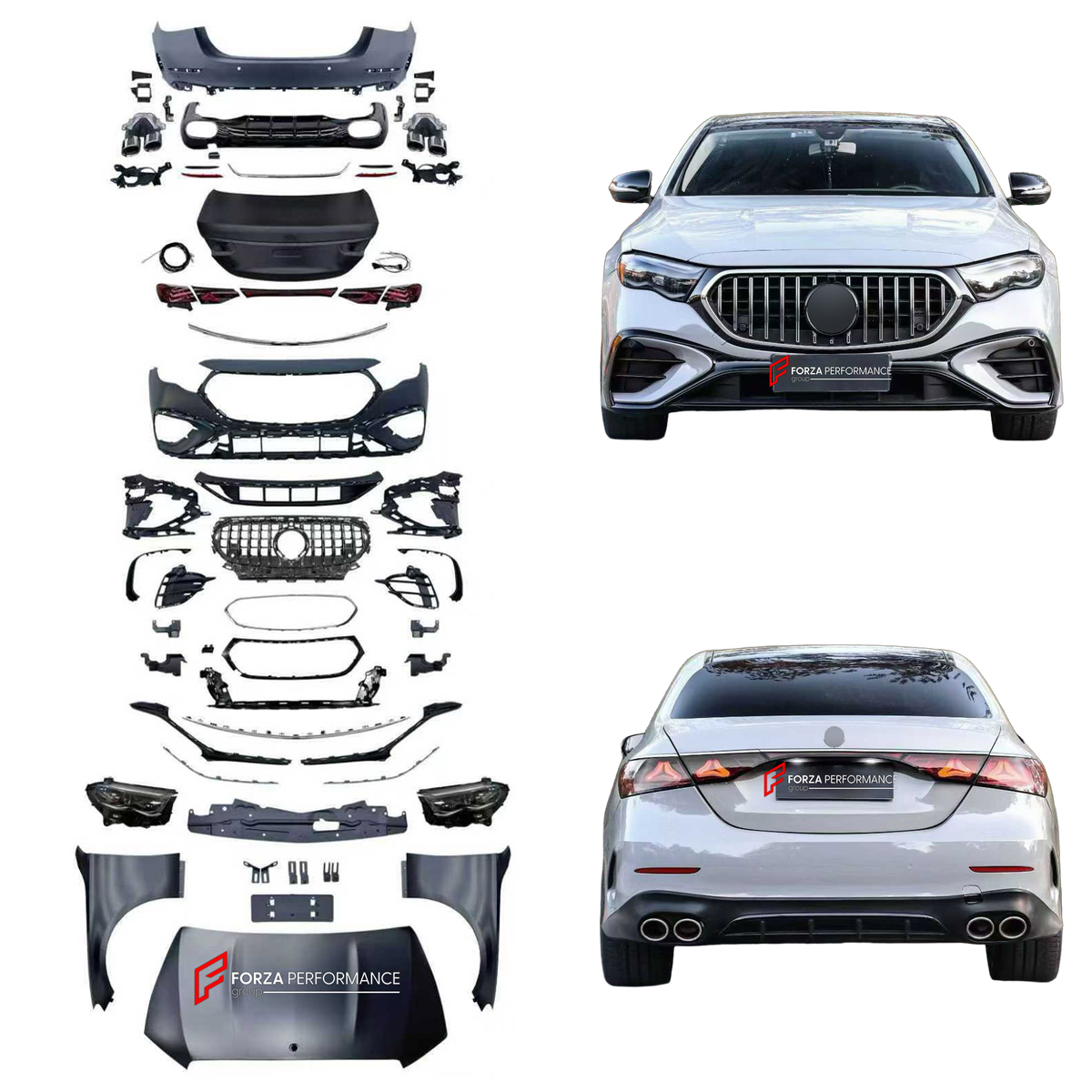 CONVERSION BODY KIT for MERCEDES-BENZ E CLASS W213 2016 - 2020 UPGRADE to W214 E53 2023+

Set includes:
Front Lip
Front Bumper Assembly
Front Grille
Headlights
Fog Lights Covers
License Plate
Hood Bonnet
Front Fenders
Trunk Lid
Tail Lights
Rear Bumper Assembly
Rear Diffuser
Exhaust Tips

Material: Plastic

NOTE: Professional installation is required.