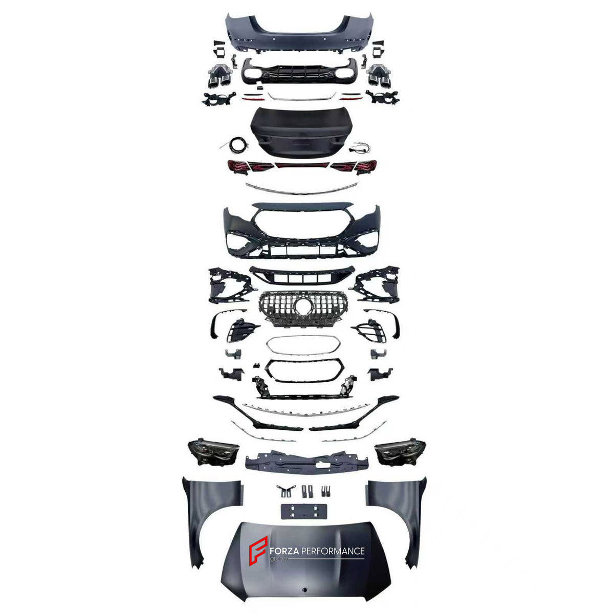 CONVERSION BODY KIT for MERCEDES-BENZ E CLASS W213 2016 - 2020 UPGRADE to W214 E53 2023+

Set includes:
Front Lip
Front Bumper Assembly
Front Grille
Headlights
Fog Lights Covers
License Plate
Hood Bonnet
Front Fenders
Trunk Lid
Tail Lights
Rear Bumper Assembly
Rear Diffuser
Exhaust Tips

Material: Plastic

NOTE: Professional installation is required.
