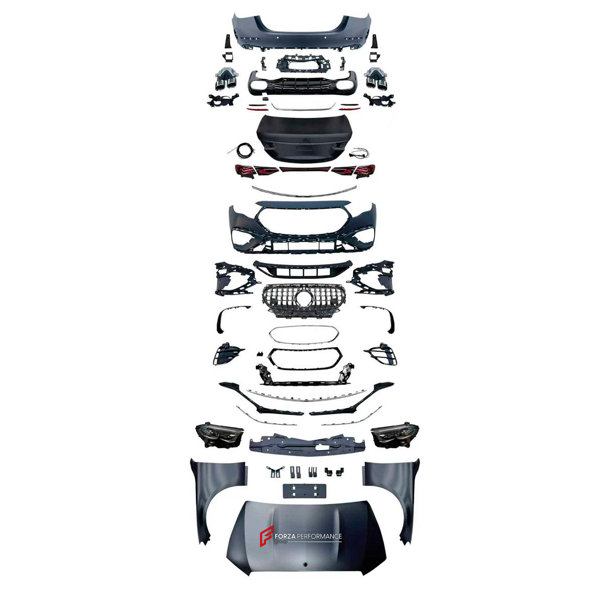 CONVERSION UPGRADE FACELIFT OLD TO NEW BODY KIT for Mercedes Benz E CLASS W213 2017 - 2024 to W214 E53 AMG 2024+
Set includes:

Front Lip
Front Bumper Assembly
Front Grille
Hood Bonnet
Front Fenders
Side Skirts
Trunk Lid
Rear Bumper Assembly
Rear Diffuser
Exhaust Tips
Material: Plastic

NOTE: Professional installation is required.
