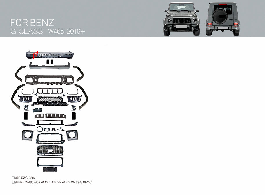 CONVERSION BODY KIT for MERCEDES BENZ G CLASS G350 D G400 D G500 G550 W463 2018 - 2024 UPGRADE to G63 W465 AMG 2024+



&nbsp;Set includes:

Front Bumper

Front Grille
Headlights Covers
Fender Flares

Rear Diffuser


Material: Plastic

Note: Professional installation is required.

Each part can be sent separately. If you need a specific part, please contact us.

Please let us know what product are you interested in exactly.

Contact us for pricing.

Payment ►
Visa

Mastercard

PayPal with a credit card (add
