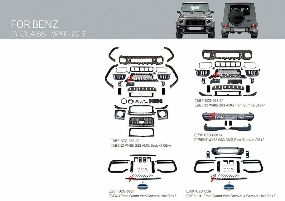 CONVERSION BODY KIT for MERCEDES BENZ G CLASS G450 D G350 G500 G550 G580 EQ W464 2018 - 2024 UPGRADE to AMG G63 W465 2024+



&nbsp;Set includes:

Front Bumper

Front Grille
Headlights Covers
Fender Flares

Rear Bumper

Front Guard with Bracket and Camera Hole

Material: Plastic

Note: Professional installation is required.

Each part can be sent separately. If you need a specific part, please contact us.

Please let us know what product are you interested in exactly.

Contact us for pricing.

Payment ►
Vis