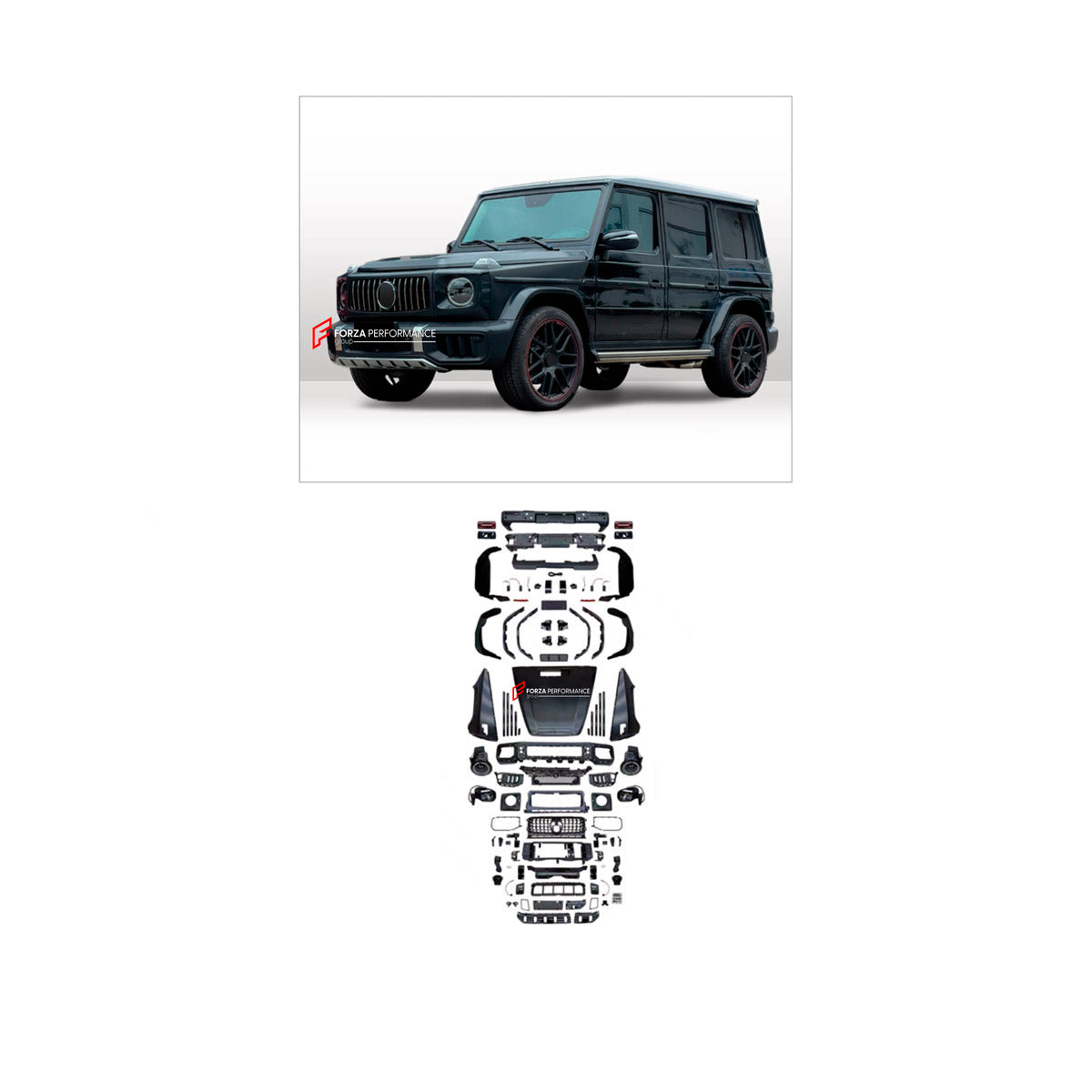 CONVERSION UPGRADE FACELIFT OLD TO NEW BODY KIT for Mercedes-Benz G-Class W463 2008 - 2018 to G-Class W465 G63 2025+
Set includes:

Front Bumper Assembly
Front Grille
Front Headlights
License Plate
Hood Bonnet
Front Fenders
Rear Fenders
Tail Lights
Rear Bumper Assembly
Rear Diffuser
Material: Plastic

NOTE: Professional installation is required.