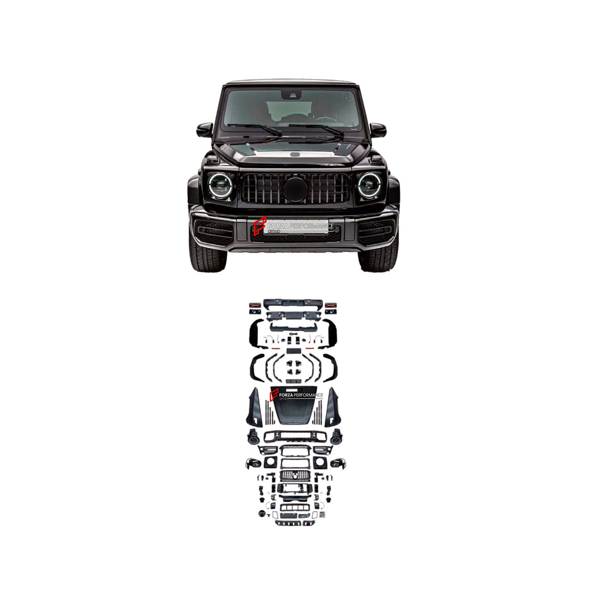 CONVERSION UPGRADE FACELIFT OLD TO NEW BODY KIT for Mercedes-Benz G-Class W463 2008 - 2018 to G-Class W463A W464 G63 2019 - 2024
Set includes:

Front Bumper Assembly
Front Grille
Front Headlights
License Plate
Hood Bonnet
Front Fenders
Rear Fenders
Tail Lights
Rear Bumper Assembly
Rear Diffuser
Material: Plastic

NOTE: Professional installation is required.