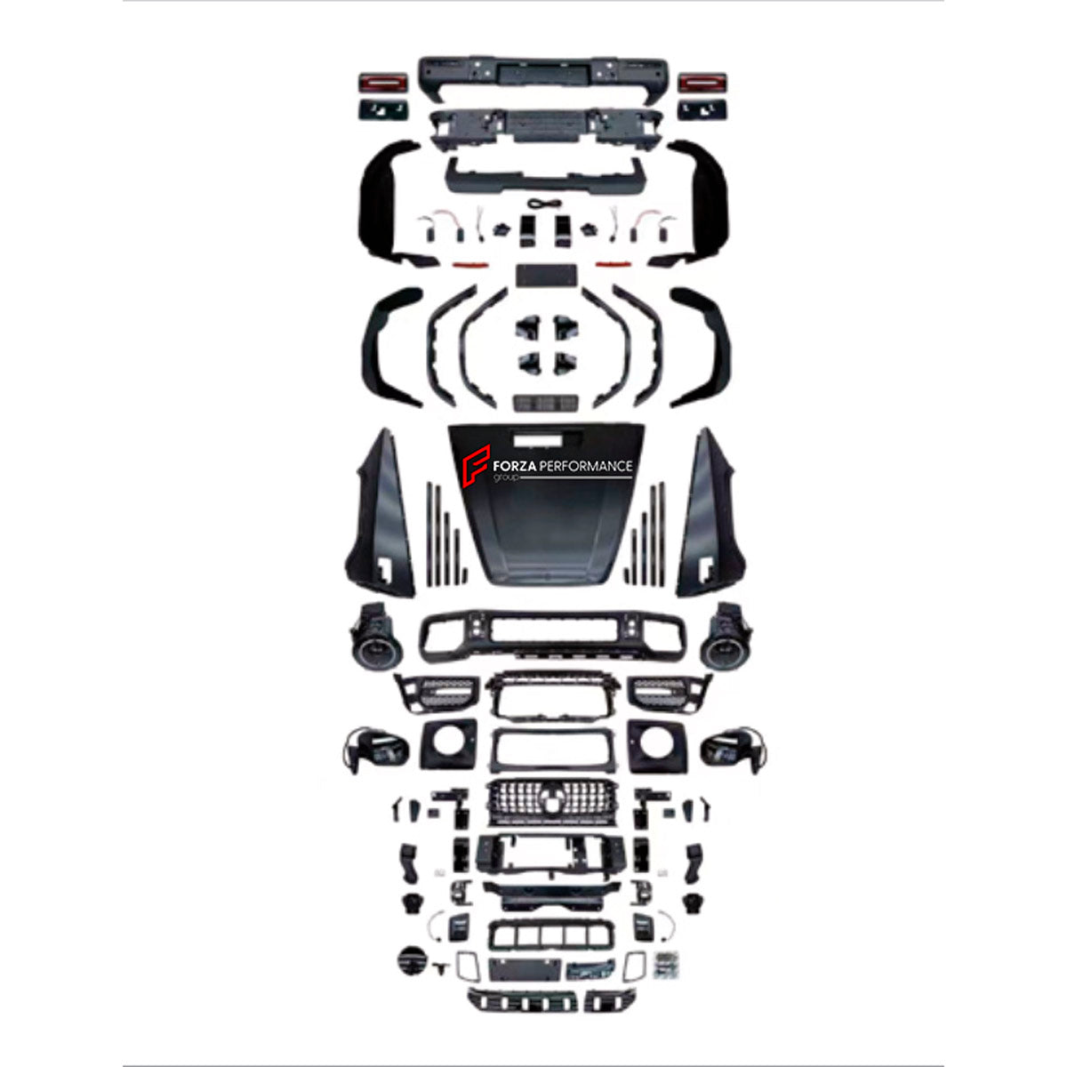 CONVERSION UPGRADE FACELIFT OLD TO NEW BODY KIT for Mercedes-Benz G-Class W463 2008 - 2018 to G-Class W463A W464 G63 2019 - 2024
Set includes:

Front Bumper Assembly
Front Grille
Front Headlights
License Plate
Hood Bonnet
Front Fenders
Rear Fenders
Tail Lights
Rear Bumper Assembly
Rear Diffuser
Material: Plastic

NOTE: Professional installation is required.