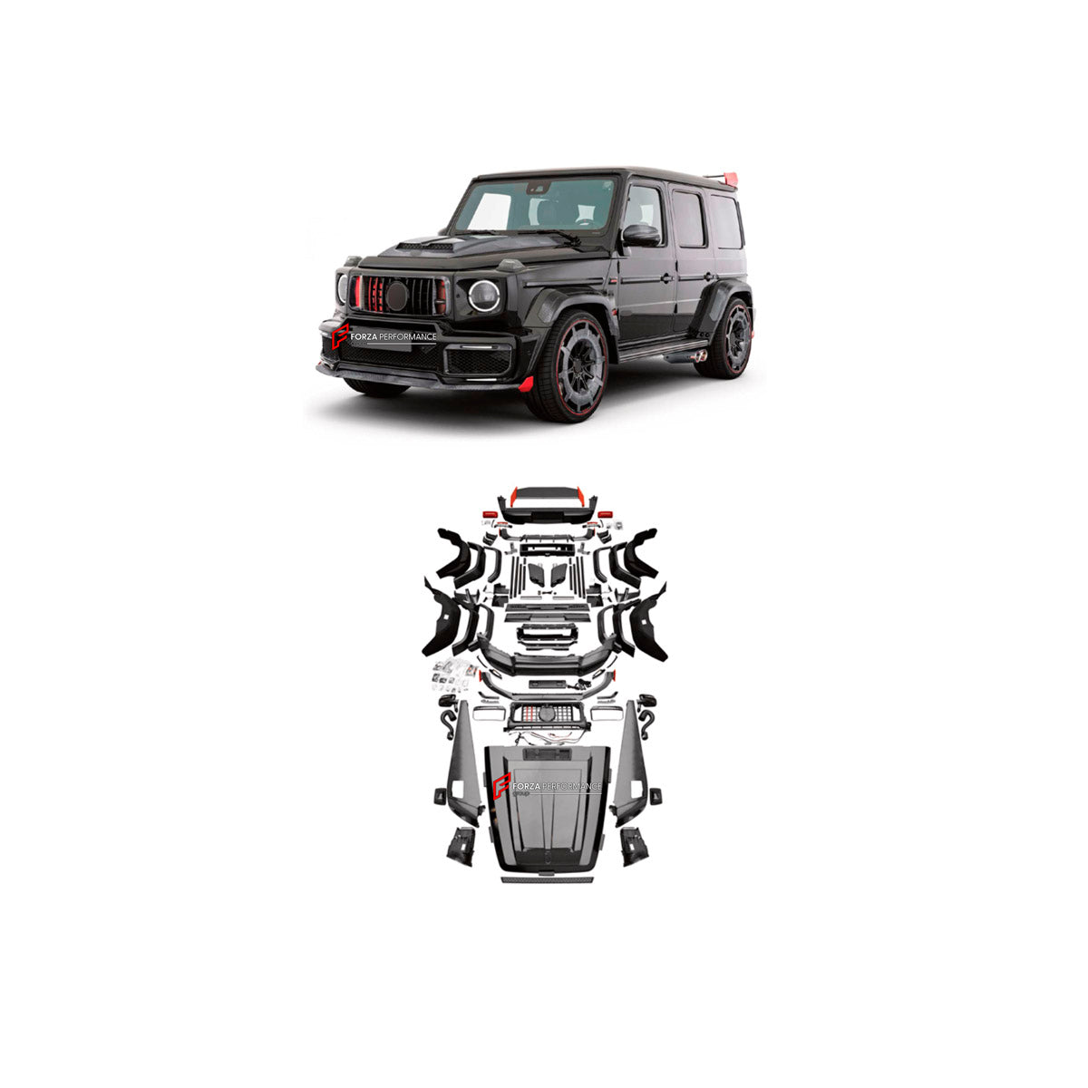 CONVERSION BODY KIT for MERCEDES-BENZ G-CLASS W463 2008 - 2018 UPGRADE to G-CLASS W464 2019 - 2024 FORZA PERFORMANCE custom fit Rocket Style
Set includes:

Front Lip
Front Bumper Assembly
Front Grille
Front Headlights
License Plate
Hood Bonnet
Front Fenders
Body Side Door Moldings
Rear Fenders
Tail Lights
Rear Spoiler Wing
Rear Bumper Assembly
Rear Diffuser
Exhaust Tips
Material: Plastic

NOTE: Professional installation is required.