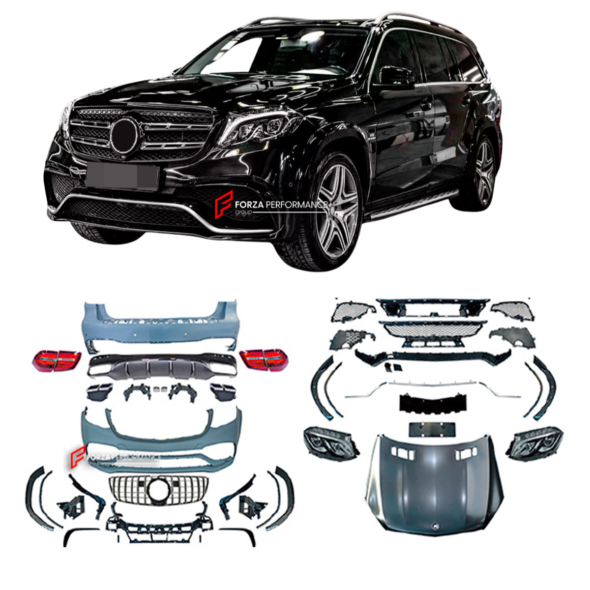 CONVERSION BODY KIT for MERCEDES-BENZ GL X166 2013 - 2016 upgrade to GLS63 AMG X166 2015 - 2019

Set includes:

Front Bumper Assembly
Grille
Headlights
Hood / Bonnet
Fender Flares
Rear Tail Lights
Rear Bumper
Rear Diffuser
Exhaust Tips

NOTE: Professional installation is required