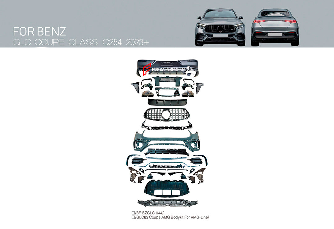 CONVERSION BODY KIT for MERCEDES BENZ GLC COUPE CLASS C254 UPGRADE to AMG C254 GLC63 2023+



Set includes:

Front Bumper
Front Grille
Rear Bumper
Rear Diffuser
Exhaust Tips

Material: Plastic

Note: Professional installation is required.

* Each part of this kit can be sent separately. Please contact us if you need a specific part.



Payment ►
Visa
Mastercard
PayPal with a credit card (add 4.4% at checkout)
Payoneer
Cryptocurrency
Shipment ►
By express DHL/UPS/TNT/FedEx
To the local international airport