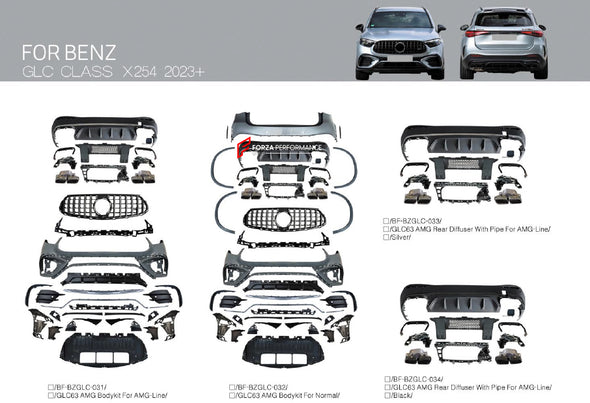 CONVERSION BODY KIT for MERCEDES-BENZ GLC X254 2023+ UPGRADE to GLC 63 AMG    Set includes:  Front bumper assembly Side fender flares Rear bumper assembly  Exhaust tips