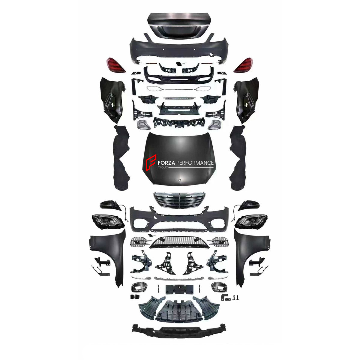 CONVERSION BODY KIT for MERCEDES-BENZ S CLASS W221 2005 - 2013 UPGRADE to W222 S450 2013 - 2020

Set includes:
Front Lip
Front Bumper Assembly
Front Grille
Headlights
Hood Bonnet
Fenders
Side Mirror Covers
Trunk Lid
Tail Lights
Rear Bumper Assembly

Material: Plastic

NOTE: Professional installation is required.