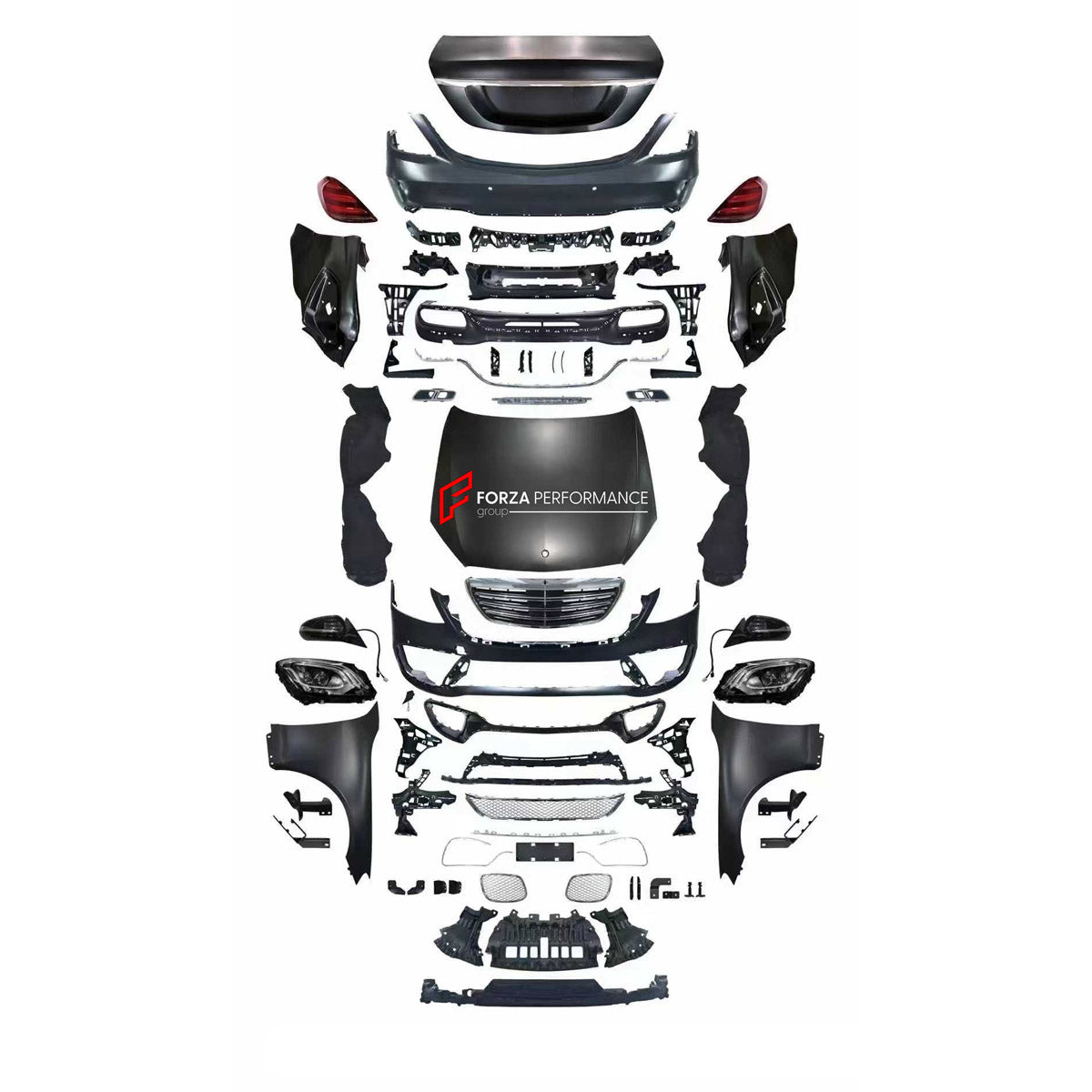 CONVERSION BODY KIT for MERCEDES-BENZ S CLASS W221 2005 - 2013 UPGRADE to W222 S63 S65 2013 - 2020

Set includes:
Front Lip
Front Bumper Assembly
Front Grille
Headlights
Hood Bonnet
Fenders
Side Mirror Covers
Trunk Lid
Tail Lights
Rear Bumper Assembly

Material: Plastic

NOTE: Professional installation is required.