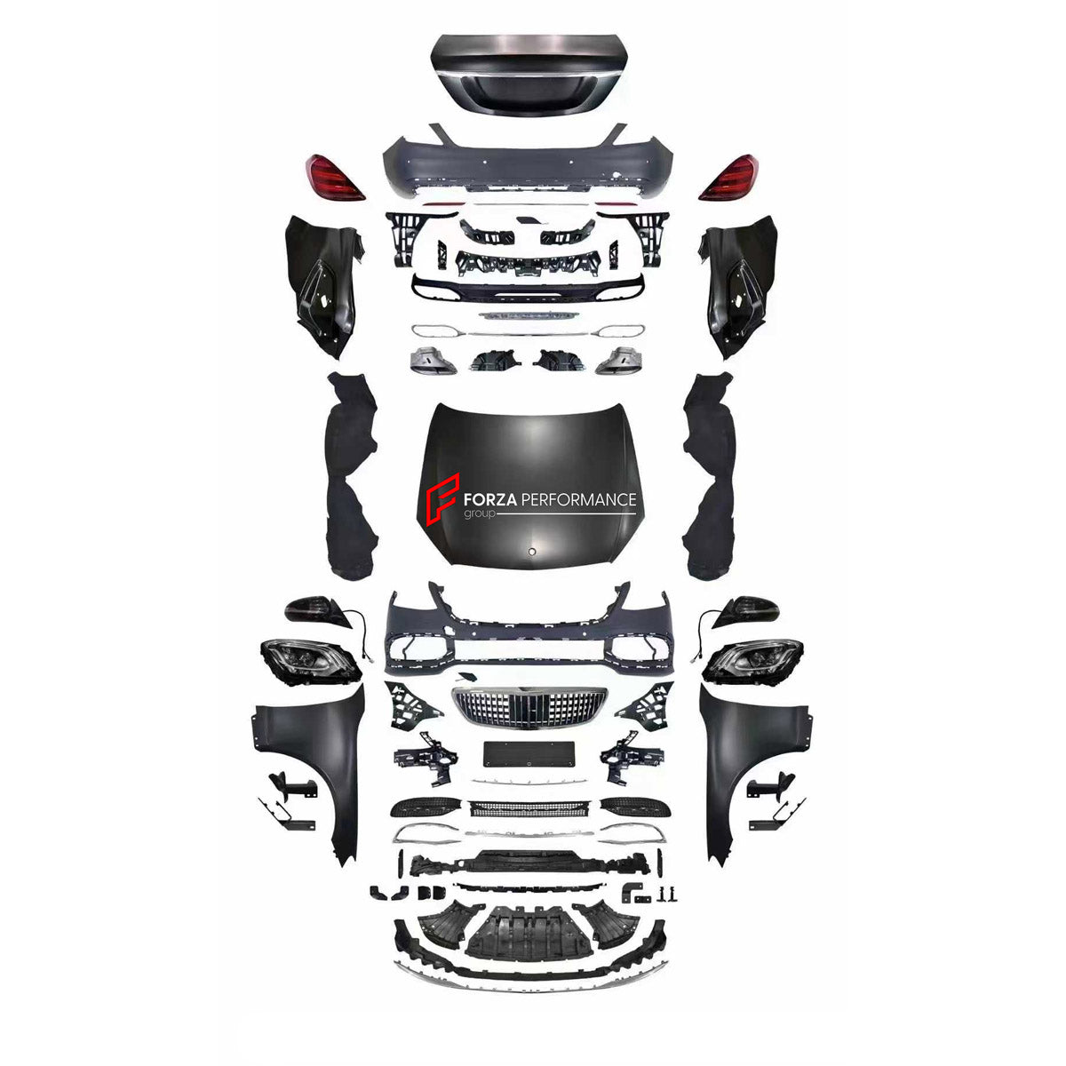 CONVERSION BODY KIT for MERCEDES-BENZ S CLASS W221 2005 - 2013 UPGRADE to W222 MAYBACH 2015 - 2020

Set includes:
Front Lip
Front Bumper Assembly
Front Grille
Headlights
Hood Bonnet
Fenders
Side Mirror Covers
Trunk Lid
Tail Lights
Rear Bumper Assembly

Material: Plastic

NOTE: Professional installation is required.