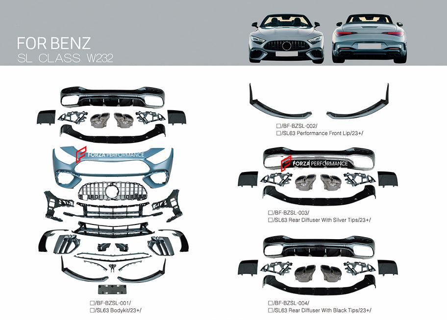 CONVERSION BODY KIT for MERCEDES BENZ SL CLASS AMG R232 SL43 SL55 UPGRADE to SL63 2022+



&nbsp;Set includes:

Front Lip
Front Bumper
Front Grille
Front Air Vents
Rear Diffuser

Material: Plastic

Note: Professional installation is required.

Each part can be sent separately. If you need a specific part, please contact us.

Please let us know what product are you interested in exactly.

Contact us for pricing.

Payment ►
Visa

Mastercard

PayPal with a credit card (add 4.4% at checkout)
Payoneer
Cryptocurr
