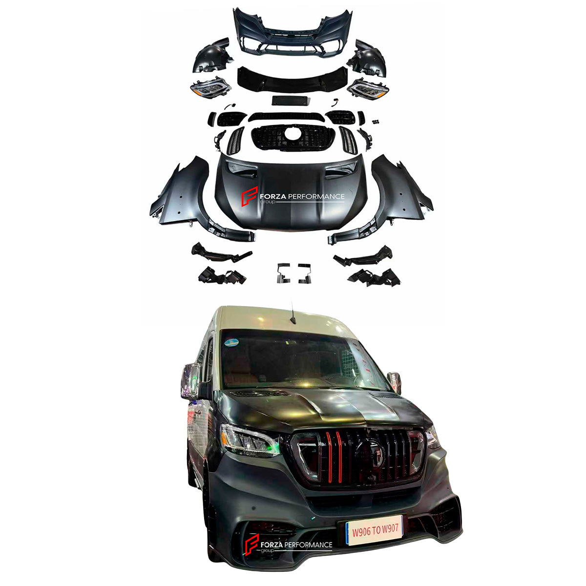 CONVERSION BODY KIT for MERCEDES BENZ SPRINTER W906 2007 - 2018 UPGRADE to SPRINTER W907 2019+ FACELIFT

Set includes:

Front Bumper Assembly
Headlights
Hood Bonnet
Front Fenders

Material: Plastic

Note: Professional installation is required
